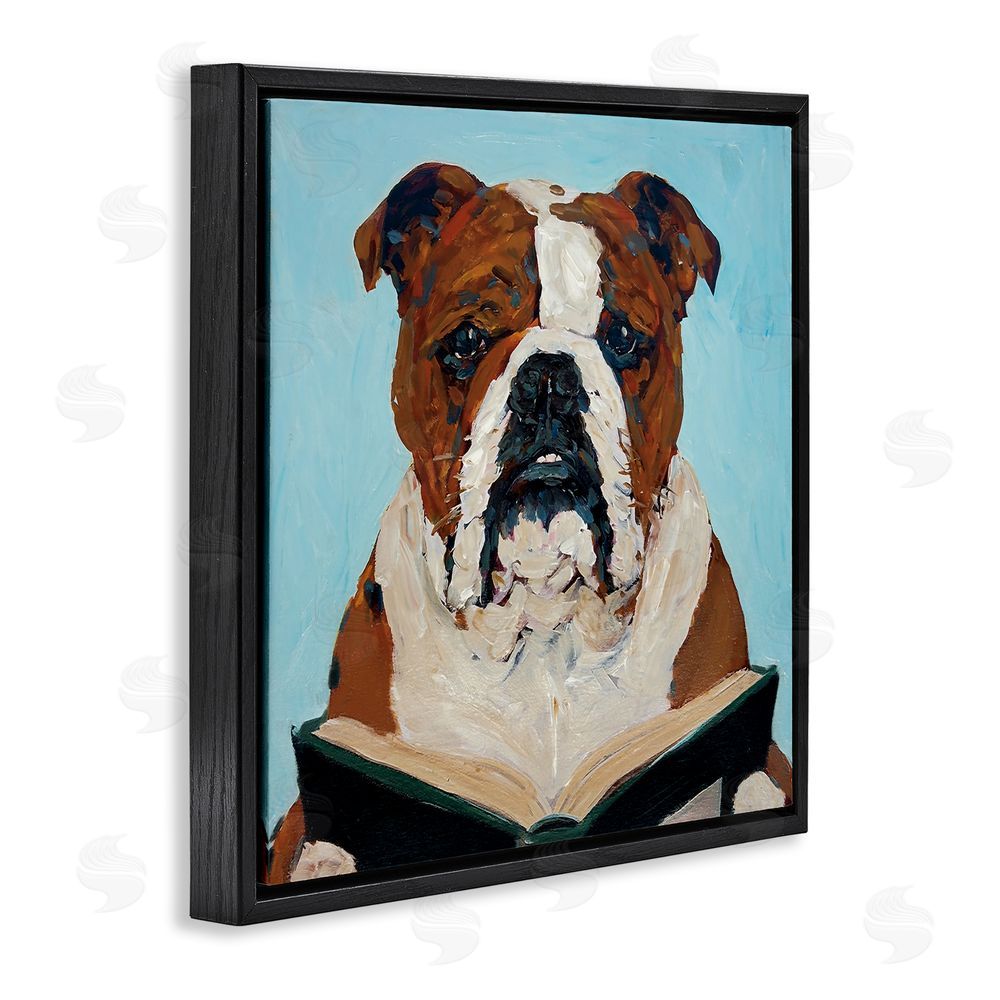 Studio Bautista Bulldog Reading Book Black Floating Frame Canvas Wall Art Print
