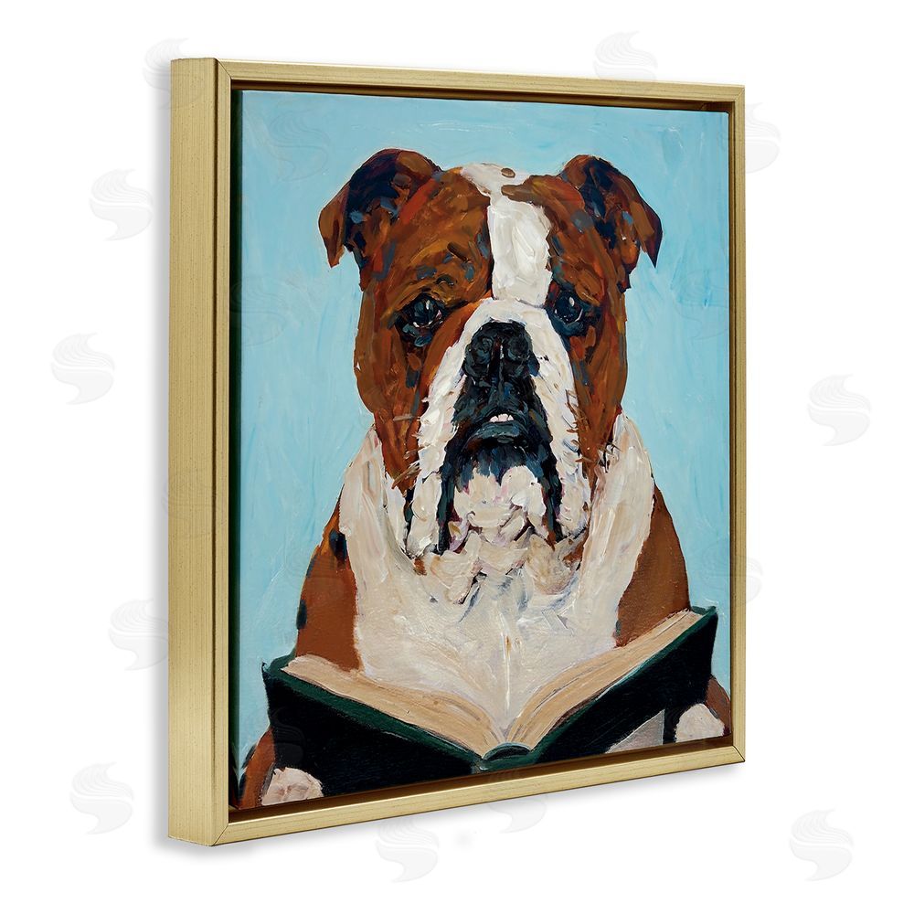 Studio Bautista Bulldog Reading Book Gold Floating Frame Canvas Wall Art Print