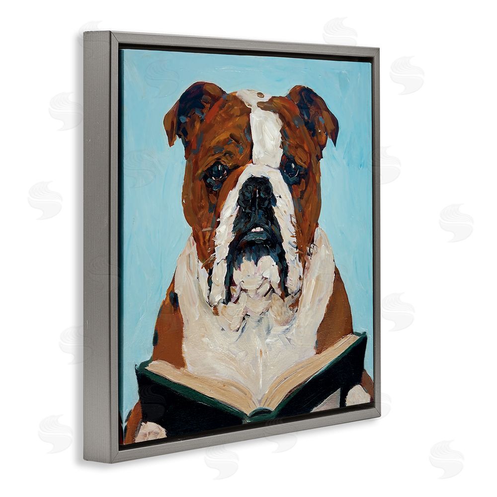Studio Bautista Bulldog Reading Book Gray Floating Frame Canvas Wall Art Print