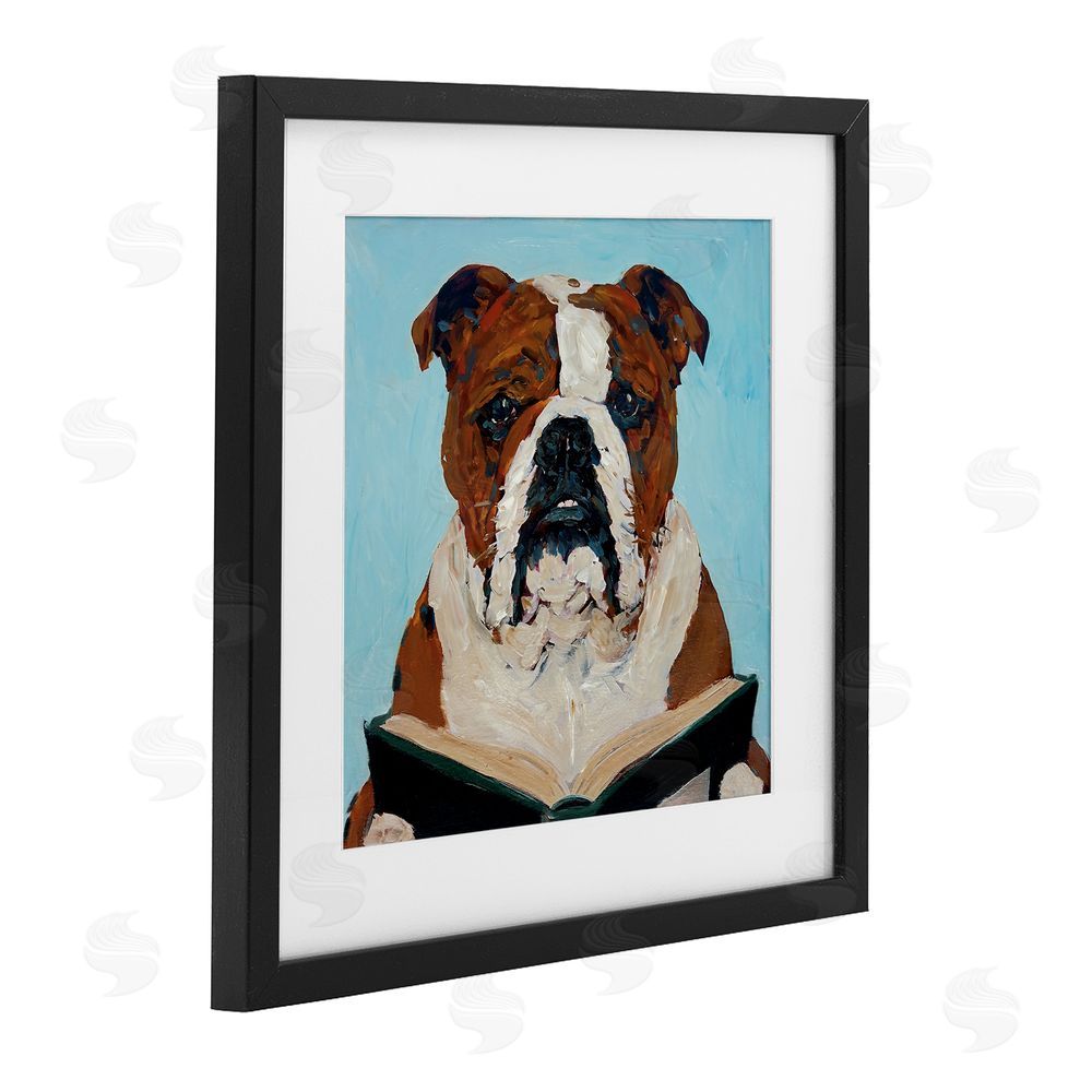 Studio Bautista Bulldog Reading Book Black Framed Print Under Glass with White Mat Wall Art