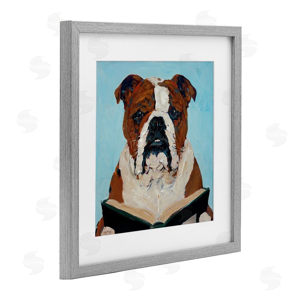 Studio Bautista Bulldog Reading Book Gray Framed Print Under Glass with White Mat Wall Art