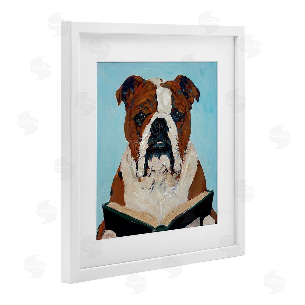 Studio Bautista Bulldog Reading Book White Framed Print Under Glass with Mat Wall Art