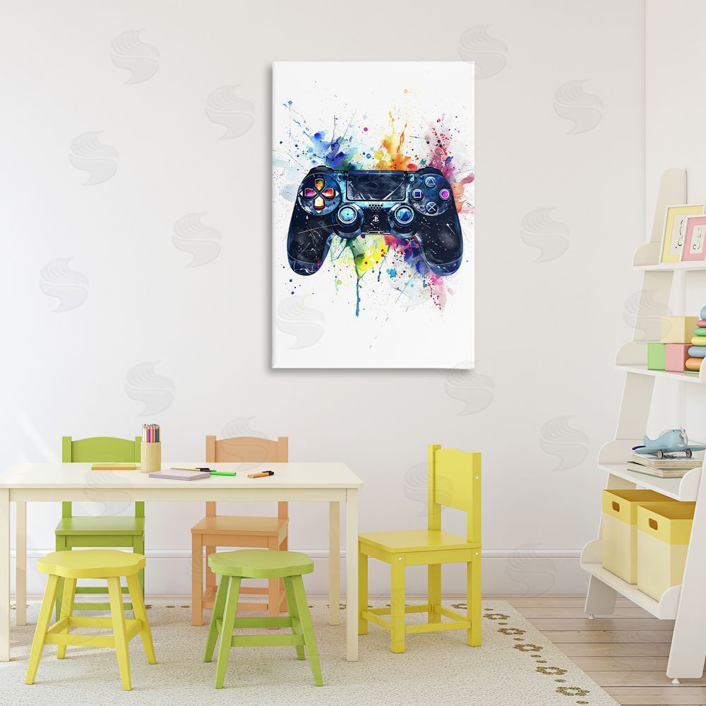 Creative Studio Colorful Gaming Controller Splatter Stretched Canvas Wall Art in Room