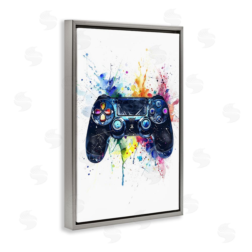 Creative Studio Colorful Gaming Controller Splatter Gray Floating Frame Canvas Wall Art Print