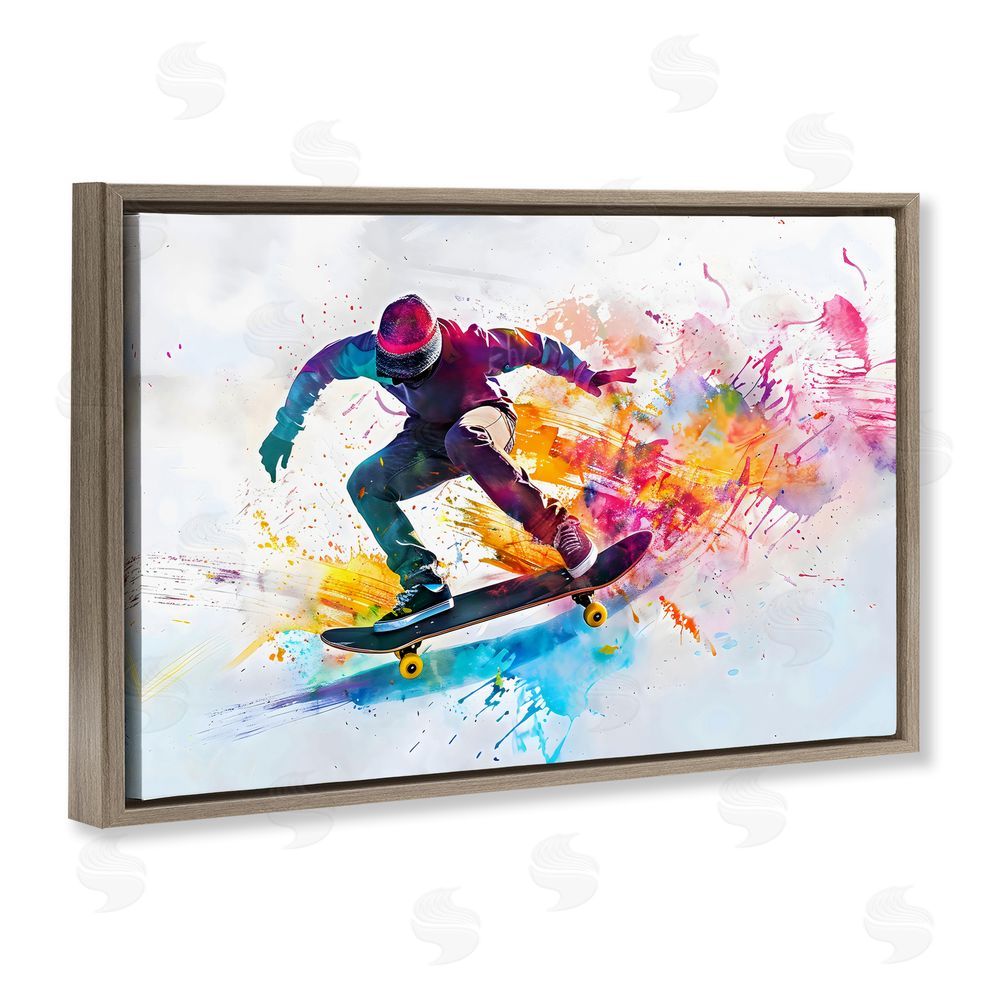 Creative Studio Skateboarder in Motion Brown Floating Framed Canvas Wall Art Print