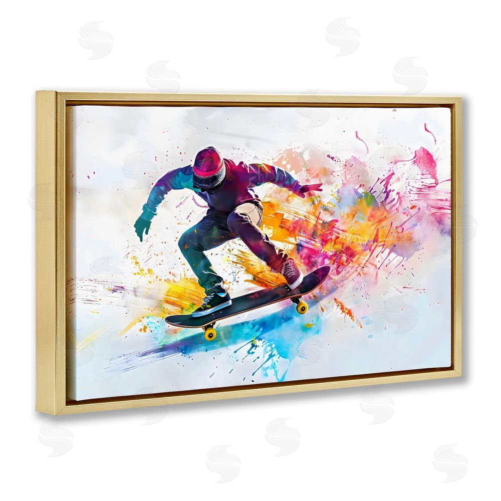 Creative Studio Skateboarder in Motion Gold Floating Framed Canvas Wall Art Print