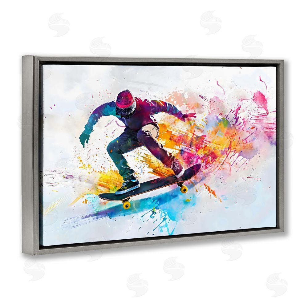 Creative Studio Skateboarder in Motion Gray Floating Framed Canvas Wall Art Print