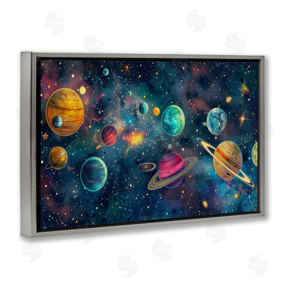 Creative Studio Celestial Planetary Parade Gray Floating Frame Stretched Canvas Wall Art Print