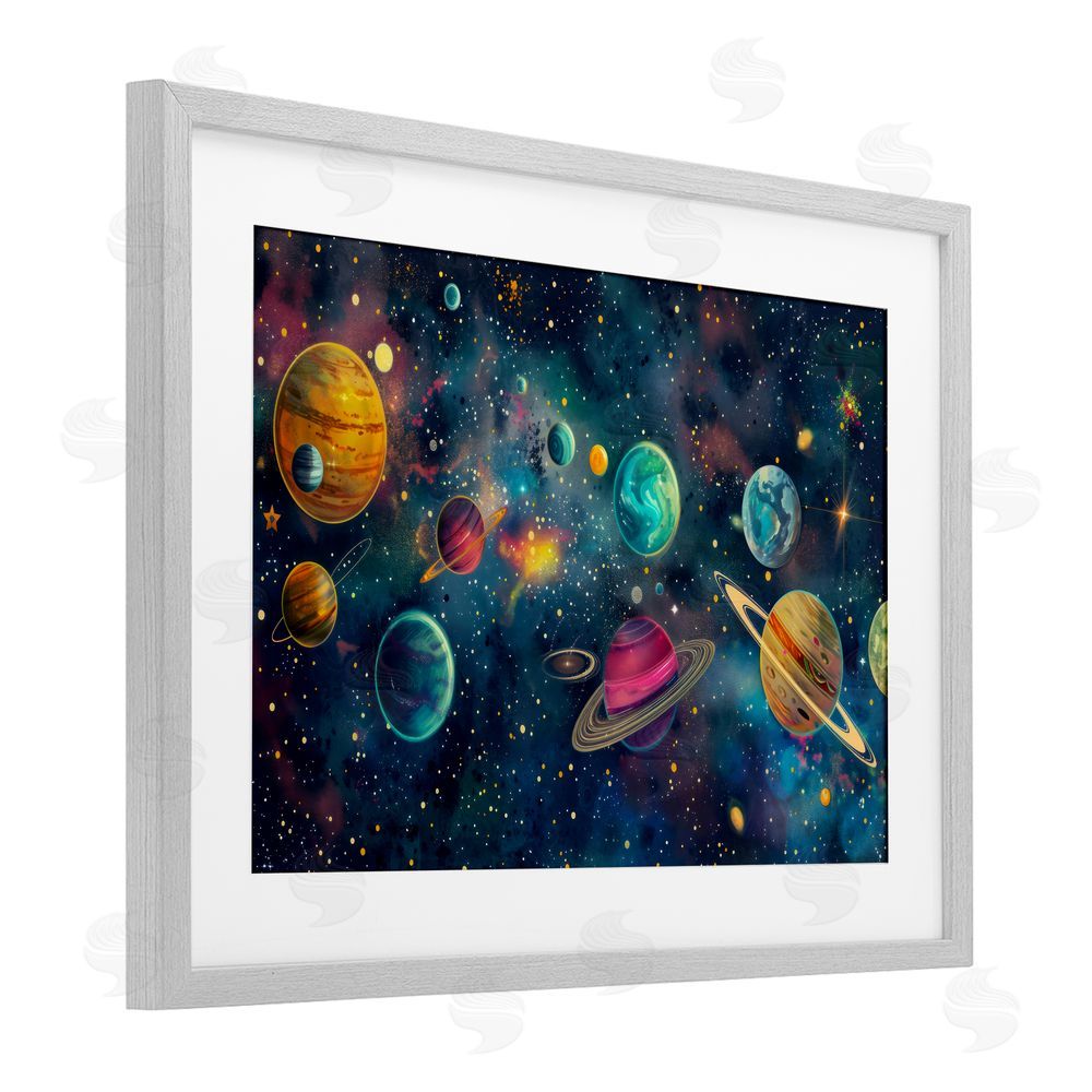 Creative Studio Celestial Planetary Parade Gray Framed Print Under Glass with Matting Wall Art
