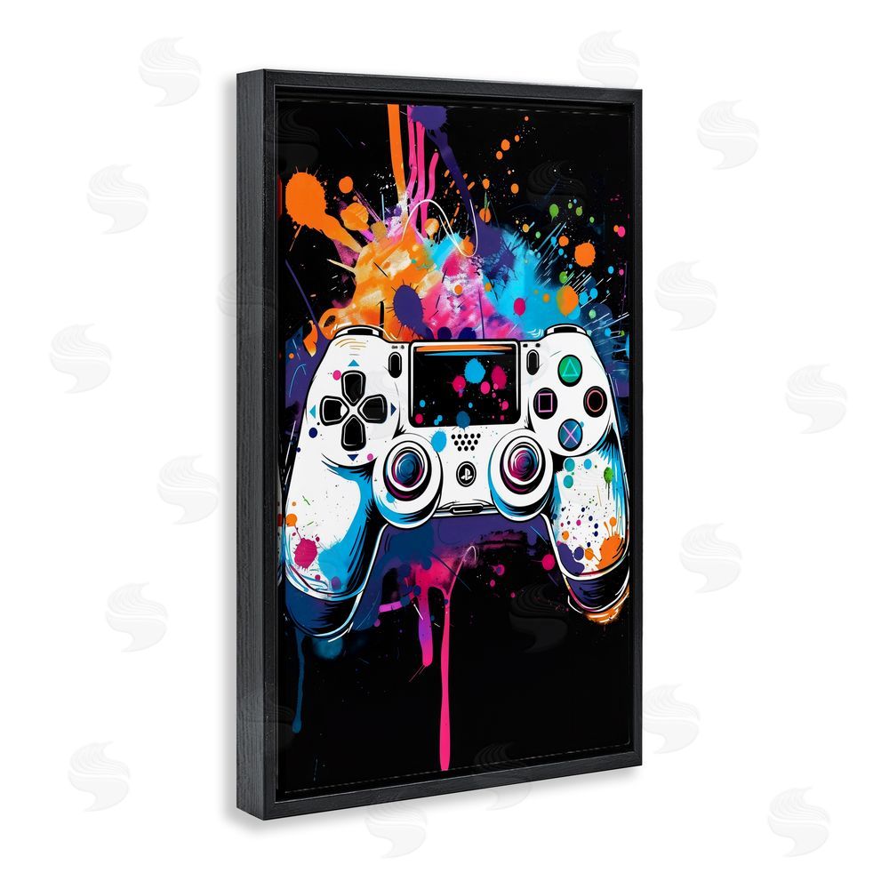 Creative Studio Controller Contrast with Neon Splatter Black Floating Frame Canvas Wall Art Print