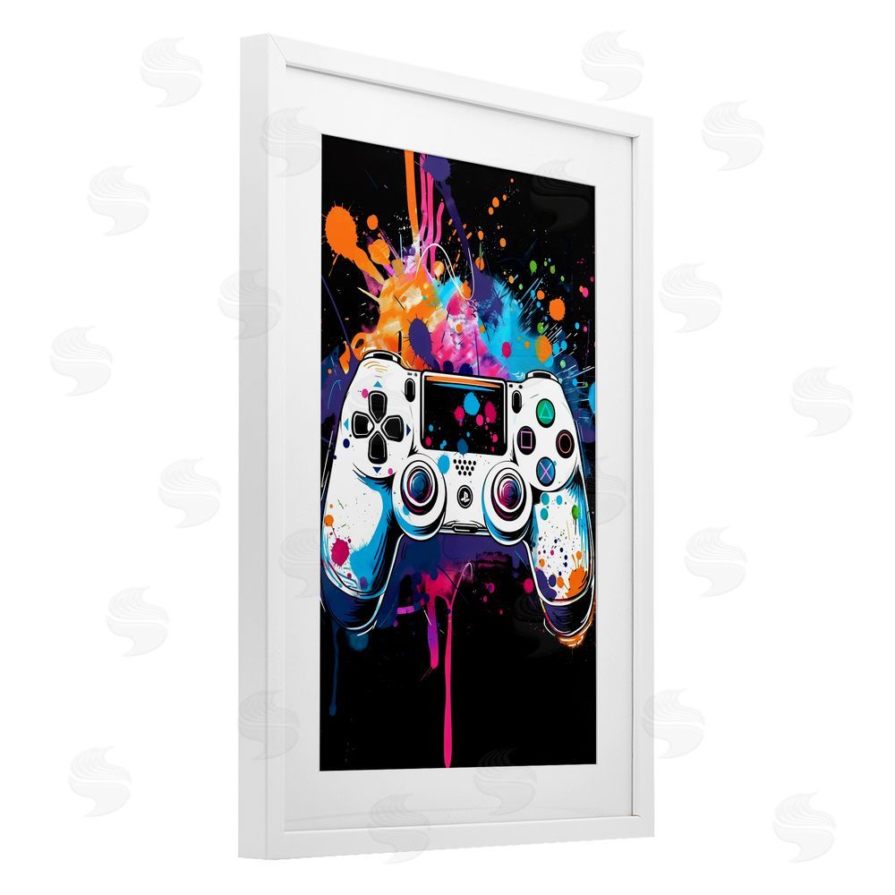 Creative Studio Controller Contrast with Neon Splatter White Framed Print Under Glass Wall Art