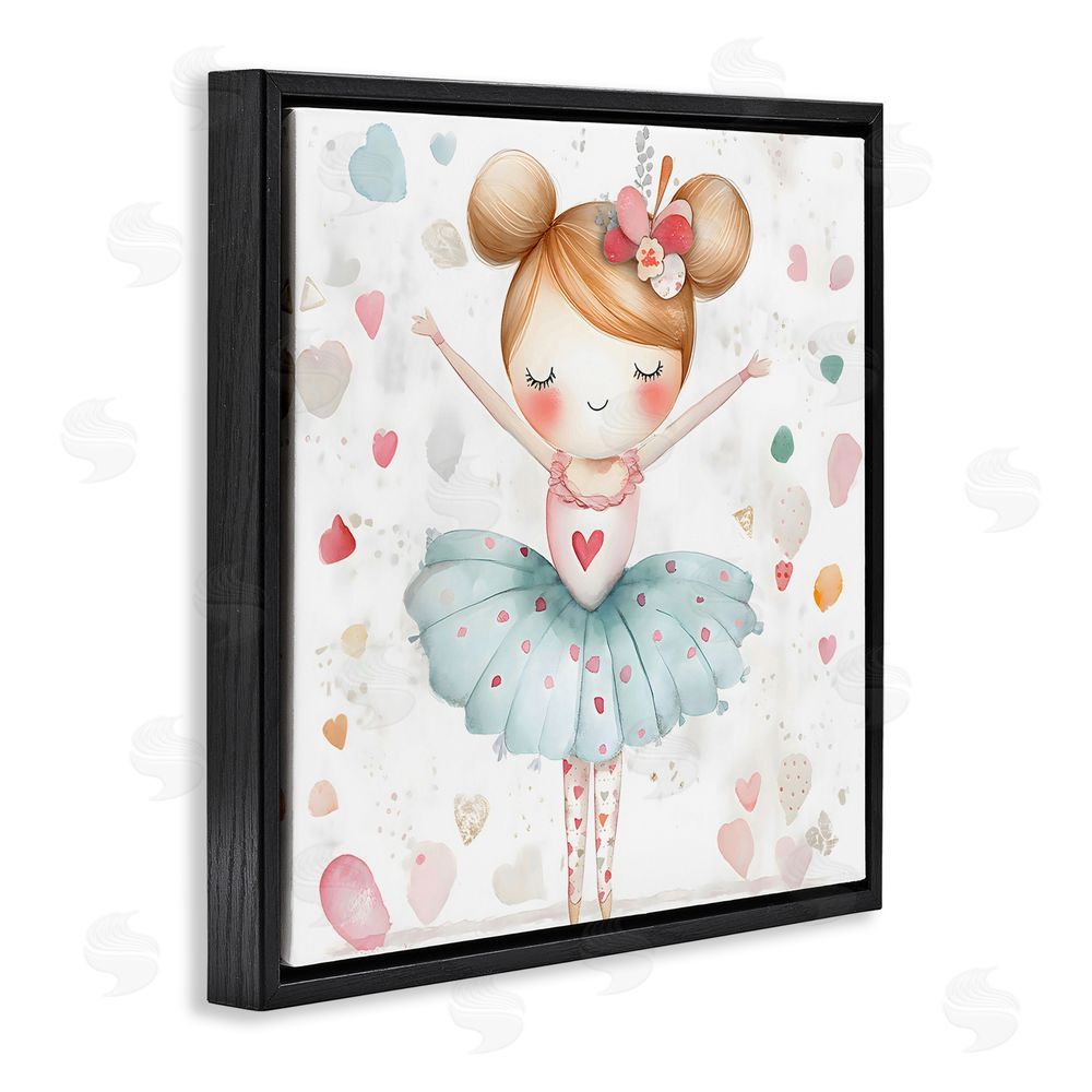 Creative Studio Cute Ballerina with Hearts Black Floating Frame Canvas Wall Art Print