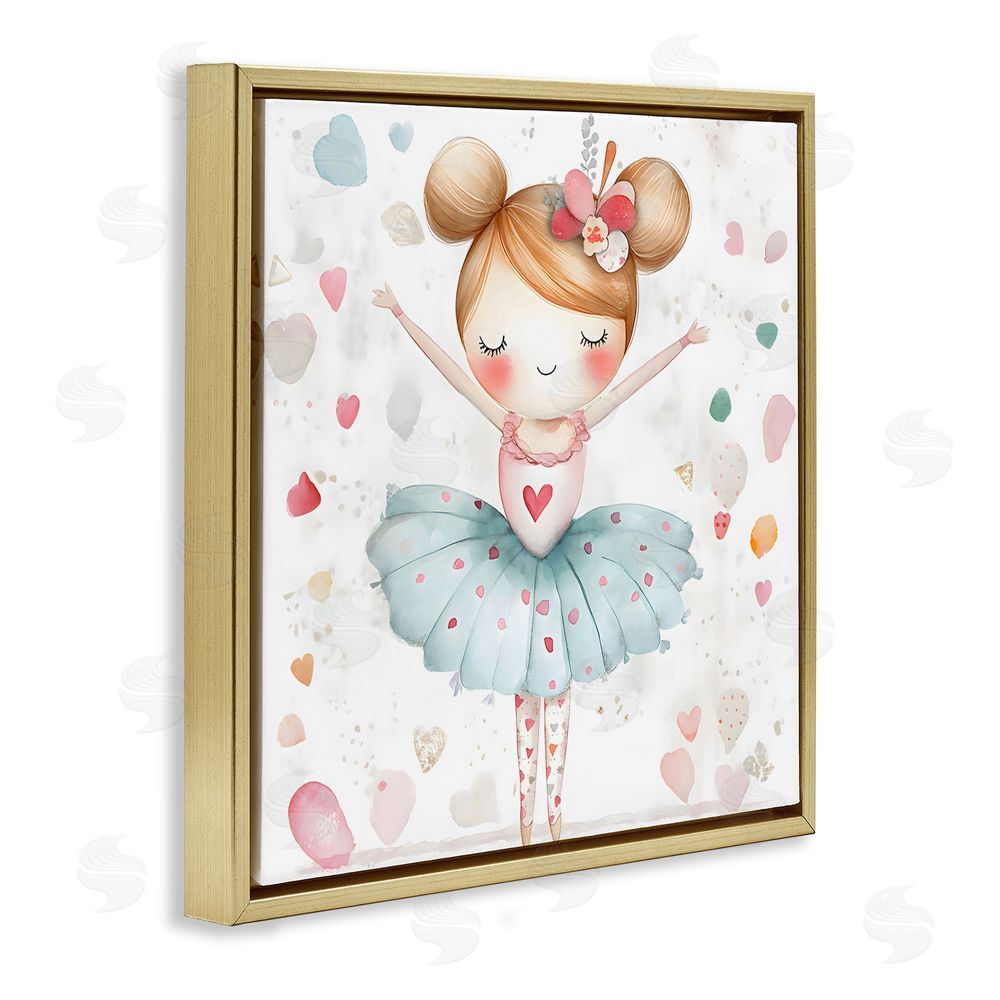 Creative Studio Cute Ballerina with Hearts Gold Floating Frame Canvas Wall Art Print