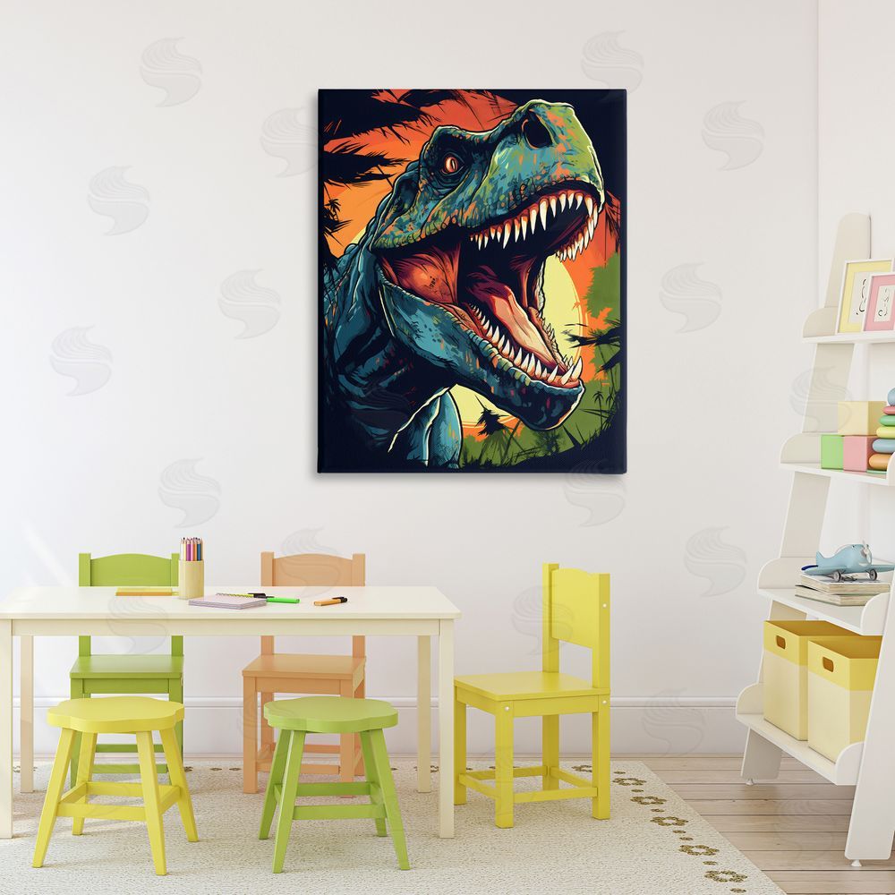 Creative Studio Dino Roar at Sunset Stretched Canvas Wall Art in Room