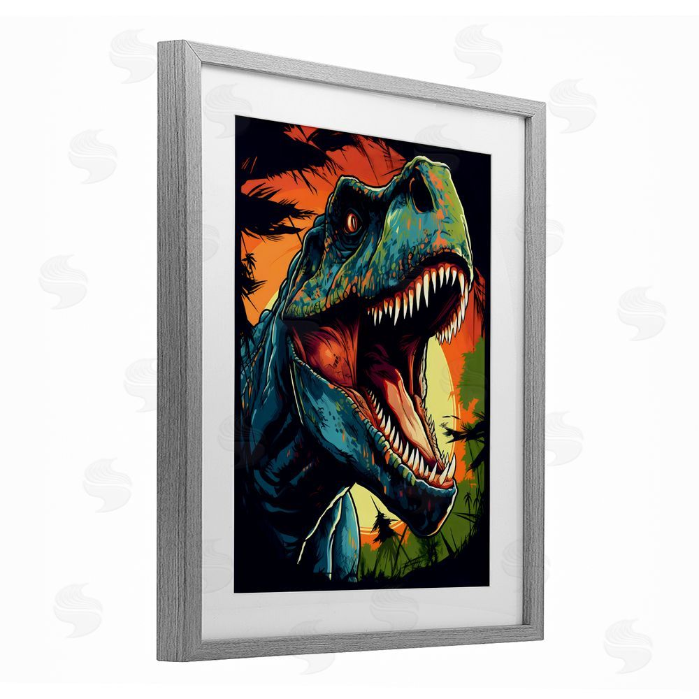 Creative Studio Dino Roar at Sunset Gray Framed Print Under Glass Wall Art