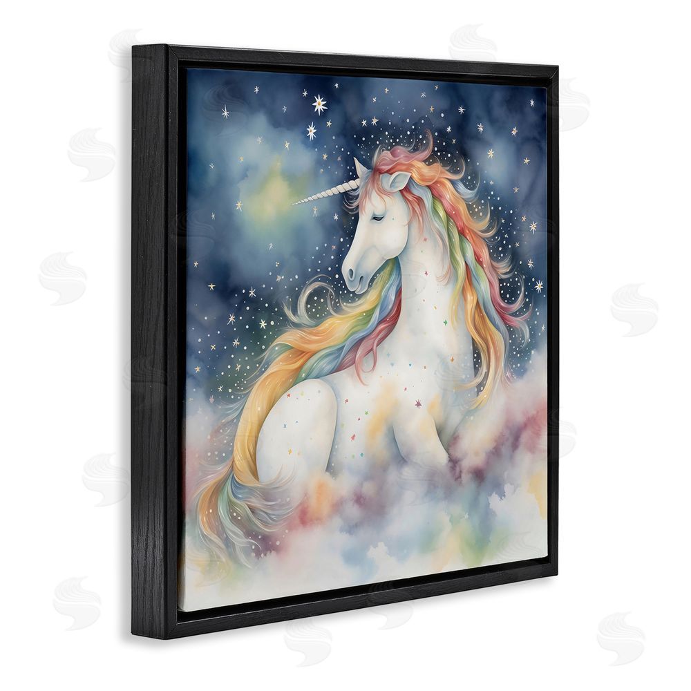 Creative Studio Unicorn Floating on the Clouds Black Floating Framed Canvas Wall Art Print