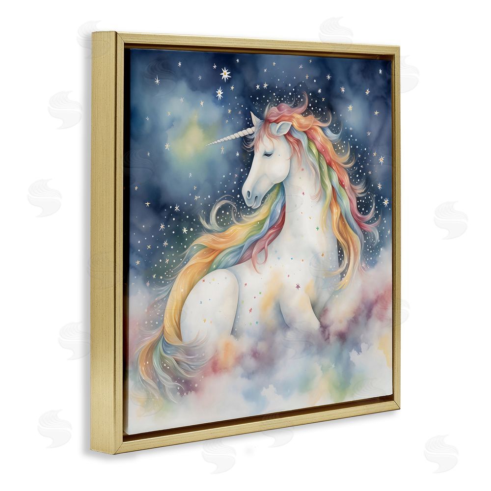 Creative Studio Unicorn Floating on the Clouds Gold Floating Framed Canvas Wall Art Print