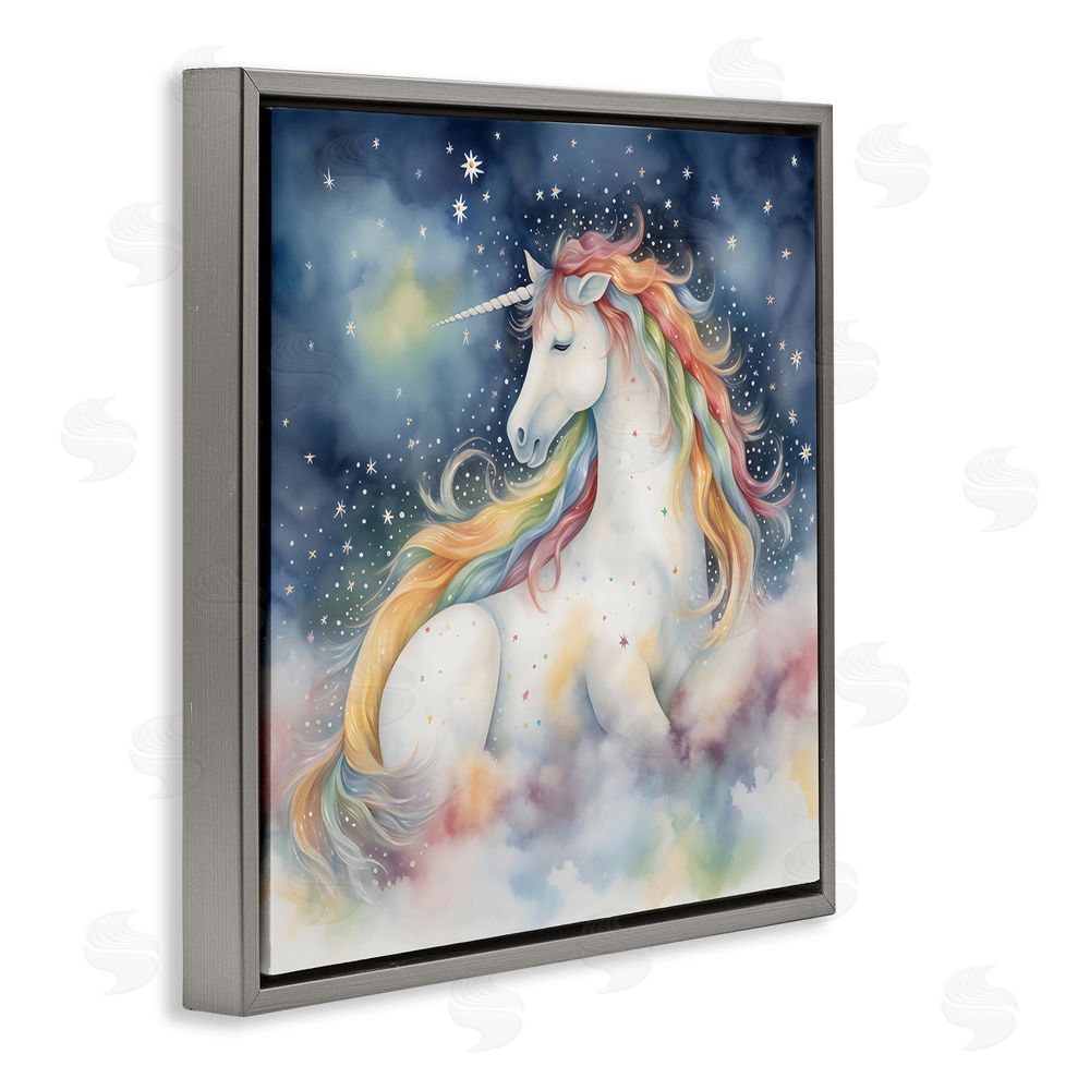 Creative Studio Unicorn Floating on the Clouds Gray Floating Framed Canvas Wall Art Print