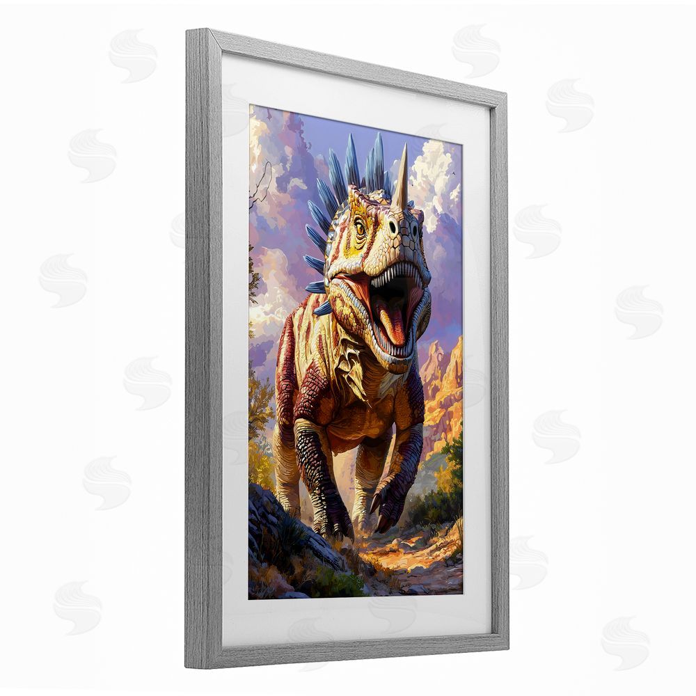 Creative Studio Fierce Horned Dinosaur Gray Framed Print Under Glass Wall Art