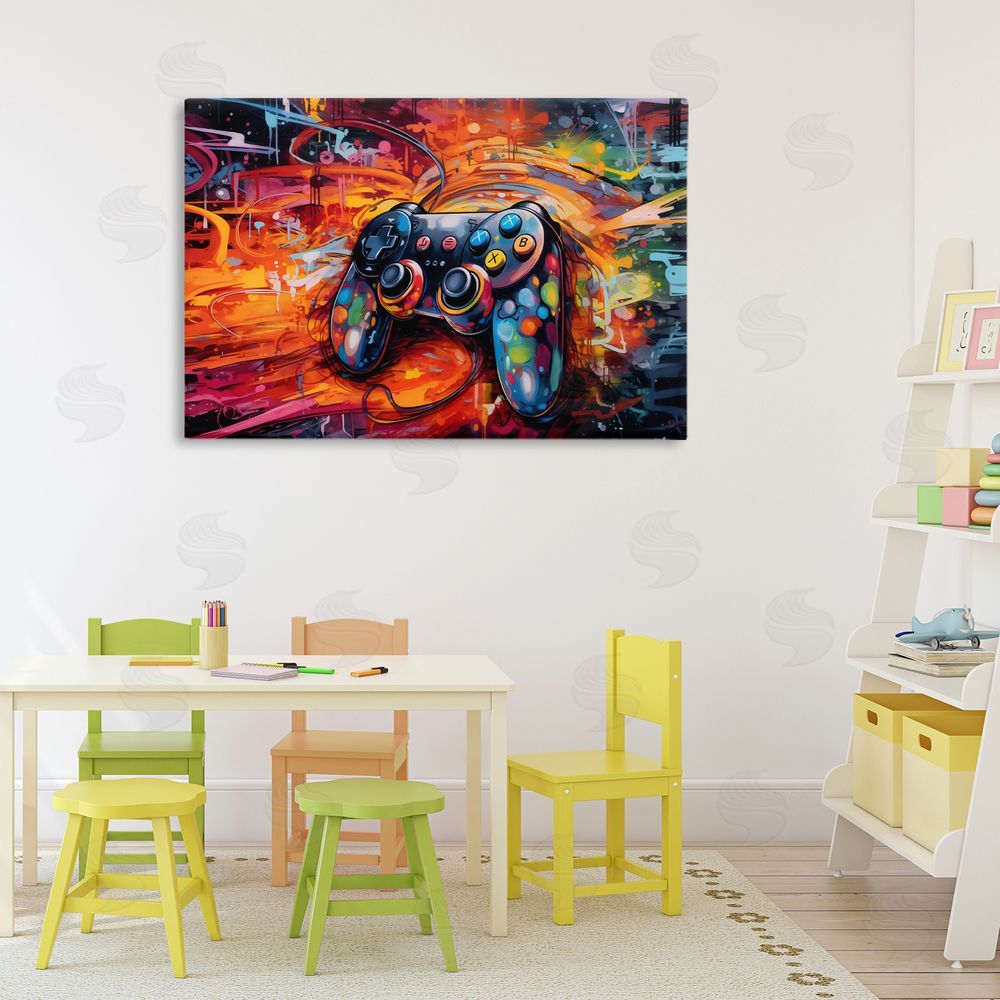 Creative Studio Gaming Swirl Controller Energy Stretched Canvas Wall Art in Room