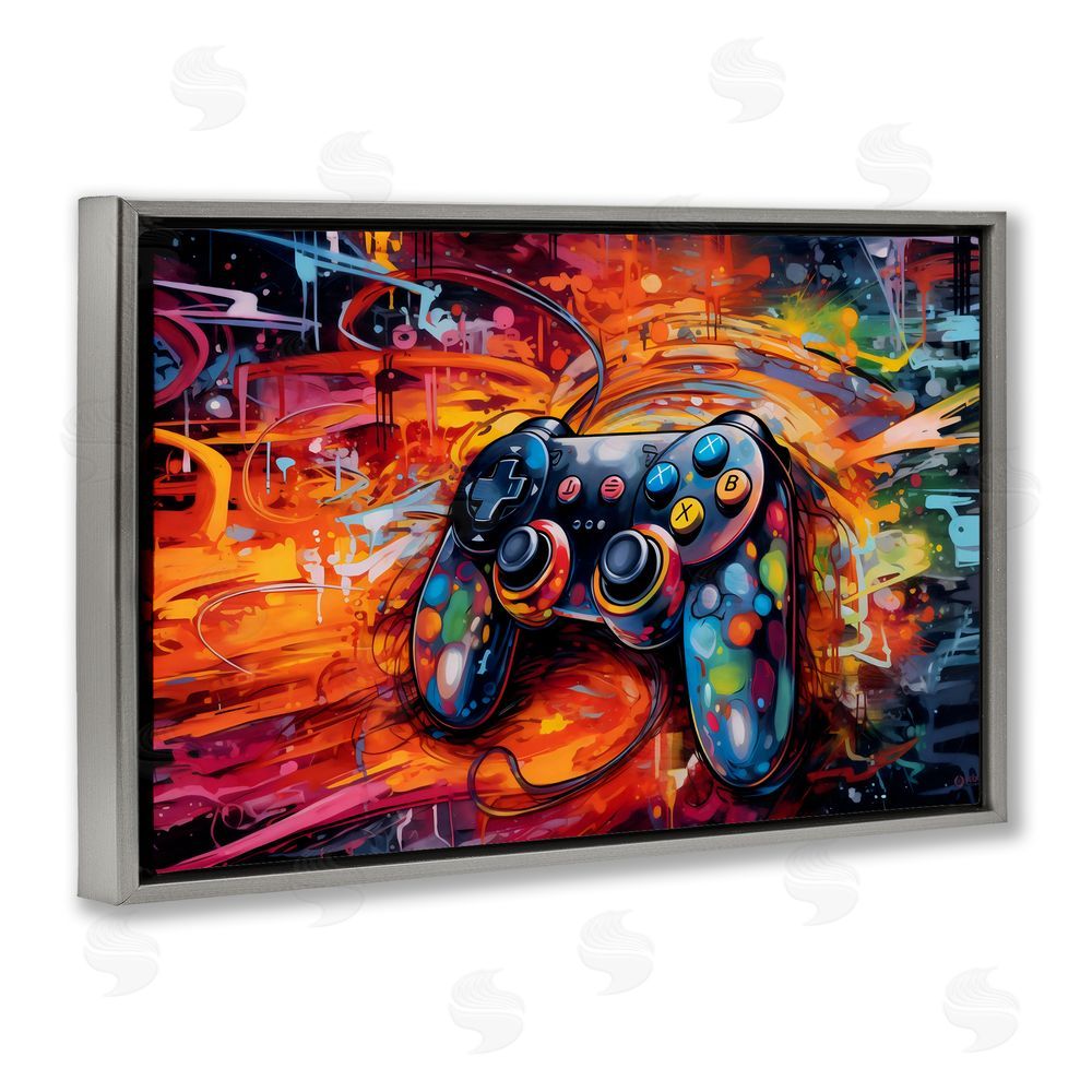 Creative Studio Gaming Swirl Controller Energy Gray Floating Framed Canvas Wall Art