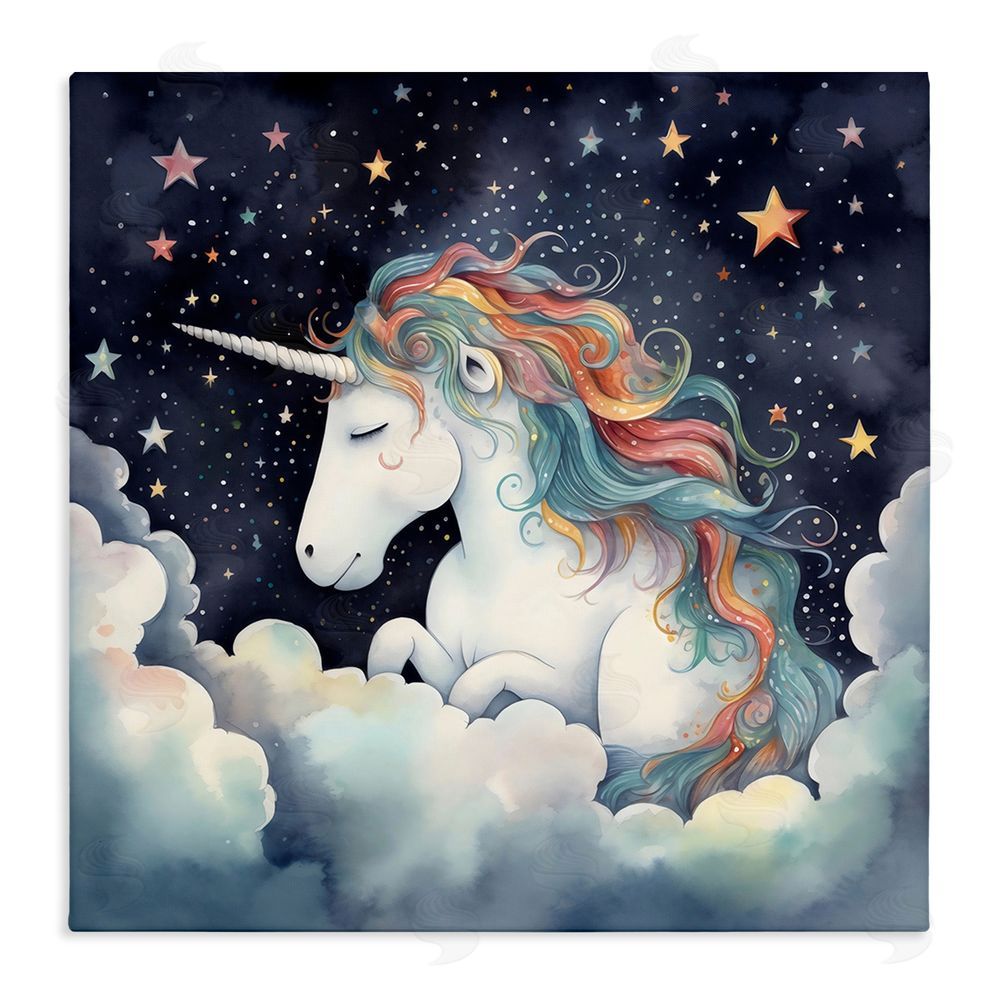 Creative Studio Sleepy Unicorn in Starlit Clouds Stretched Canvas Wall Art Print