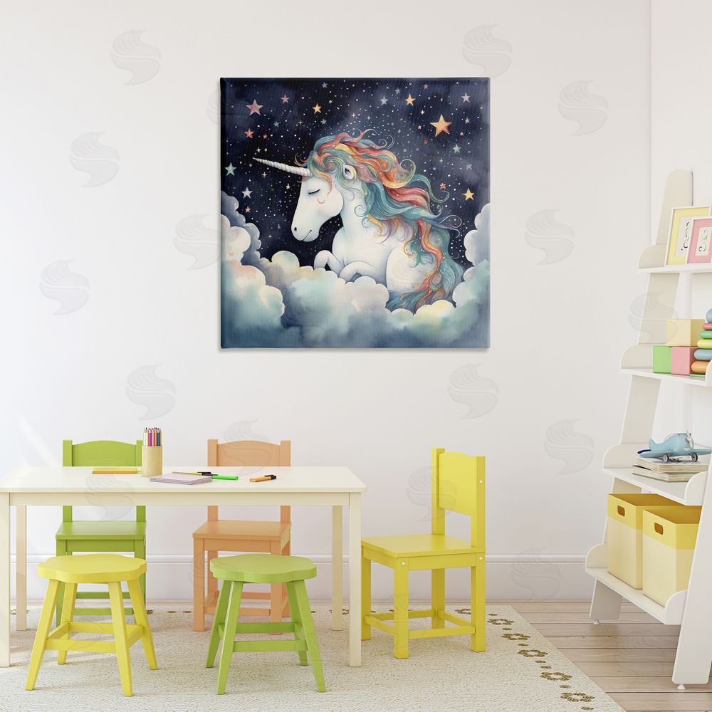 Creative Studio Sleepy Unicorn in Starlit Clouds Stretched Canvas on Wall
