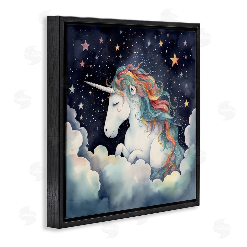 Creative Studio Sleepy Unicorn in Starlit Clouds Black Floating Framed Canvas Wall Art Print