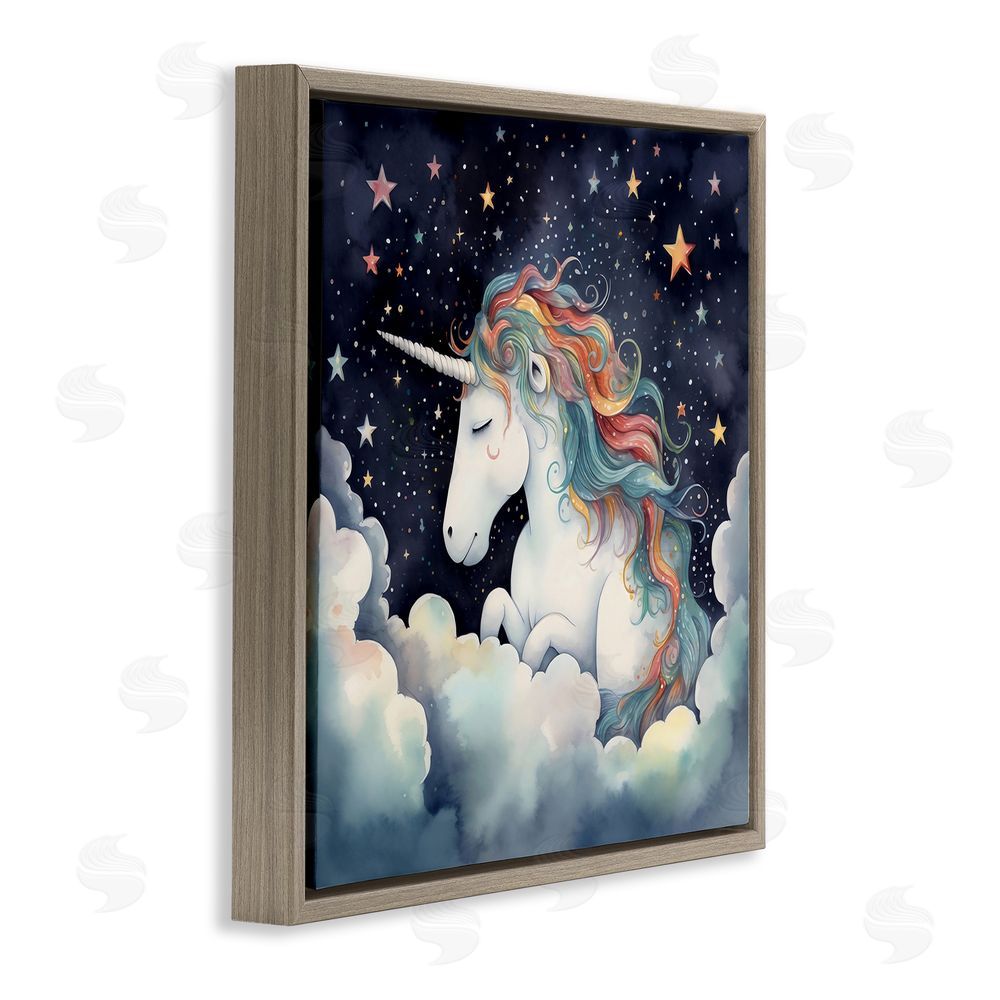 Creative Studio Sleepy Unicorn in Starlit Clouds Brown Floating Framed Canvas Wall Art Print