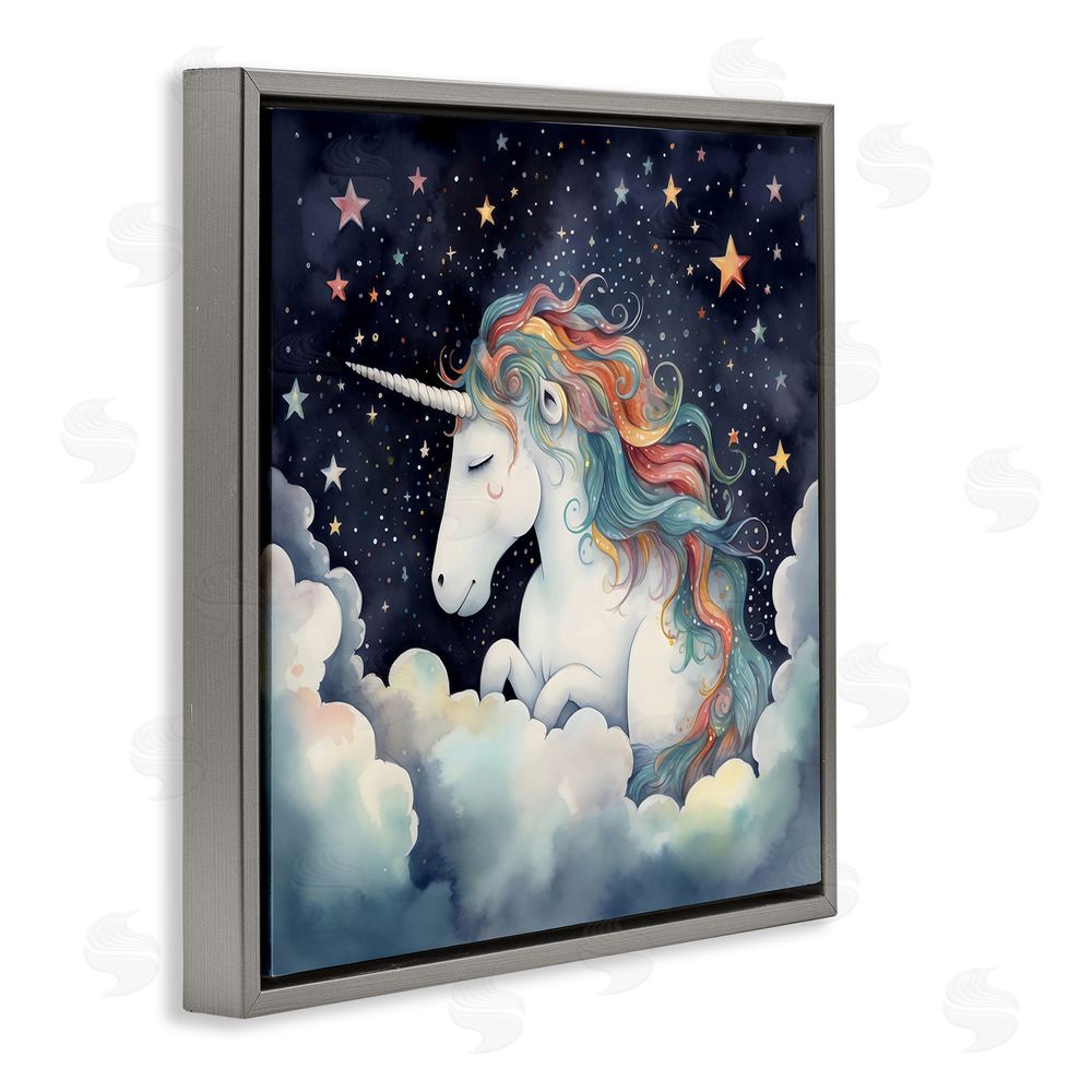 Creative Studio Sleepy Unicorn in Starlit Clouds Gray Floating Framed Canvas Wall Art Print