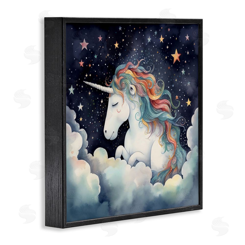 Creative Studio Sleepy Unicorn in Starlit Clouds Black Framed Giclee Wall Art Print