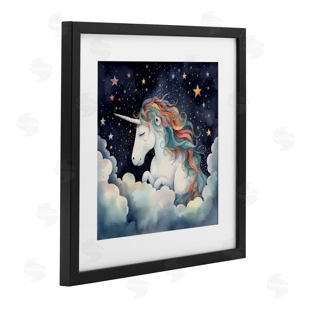 Creative Studio Sleepy Unicorn in Starlit Clouds Black Framed Print Under Glass with White Mat Wall Art