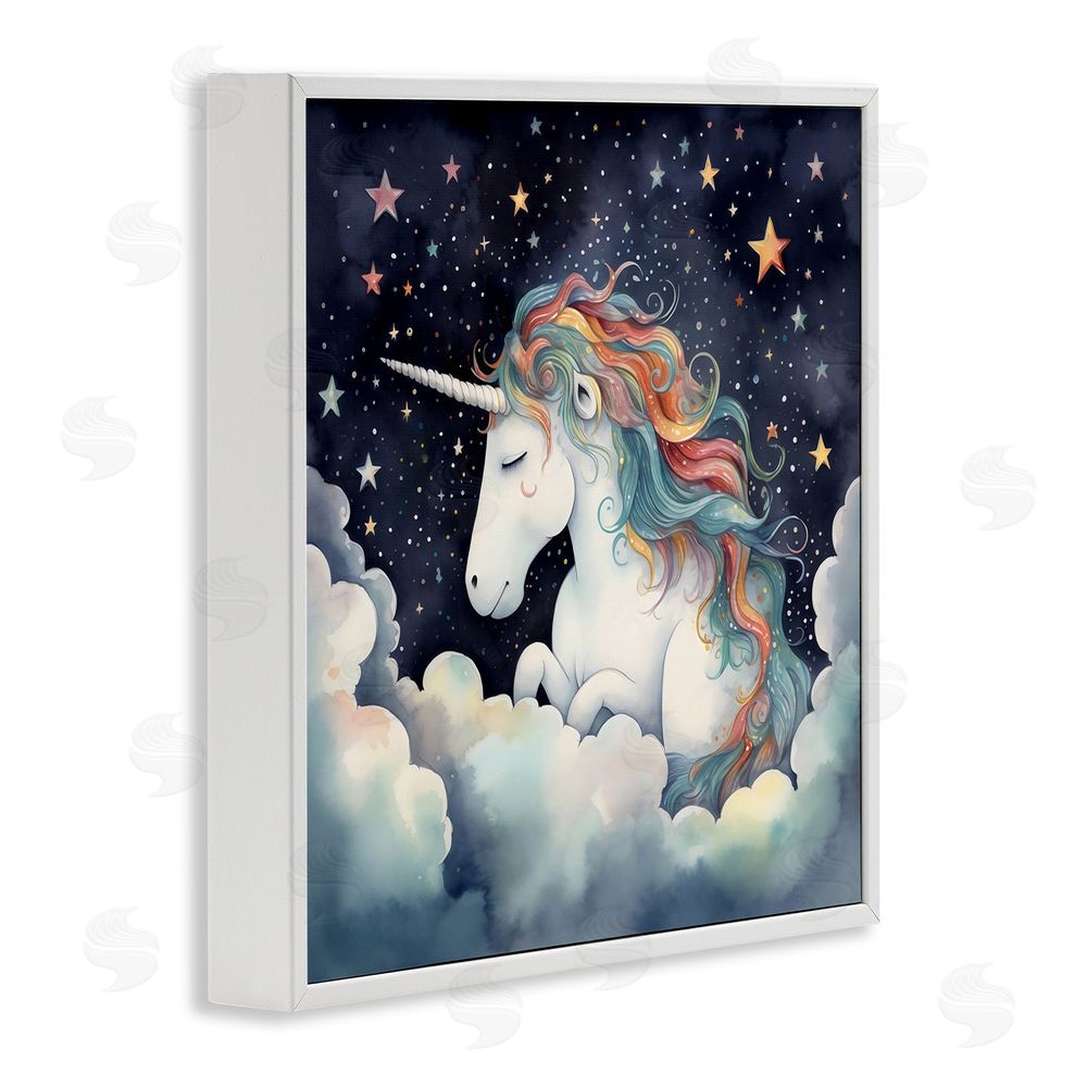 Creative Studio Sleepy Unicorn in Starlit Clouds White Framed Giclee Wall Art Print