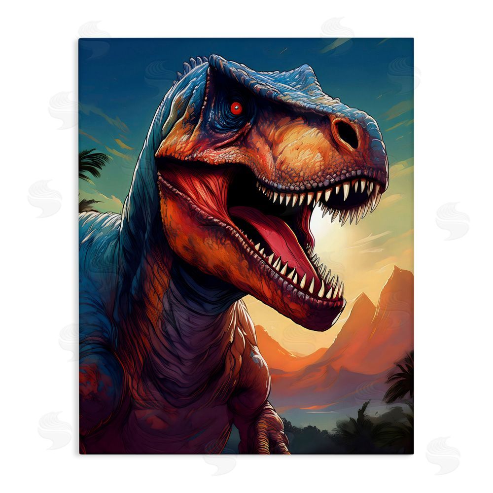 Creative Studio Dinosaur with Sunset Landscape Stretched Canvas Wall Art