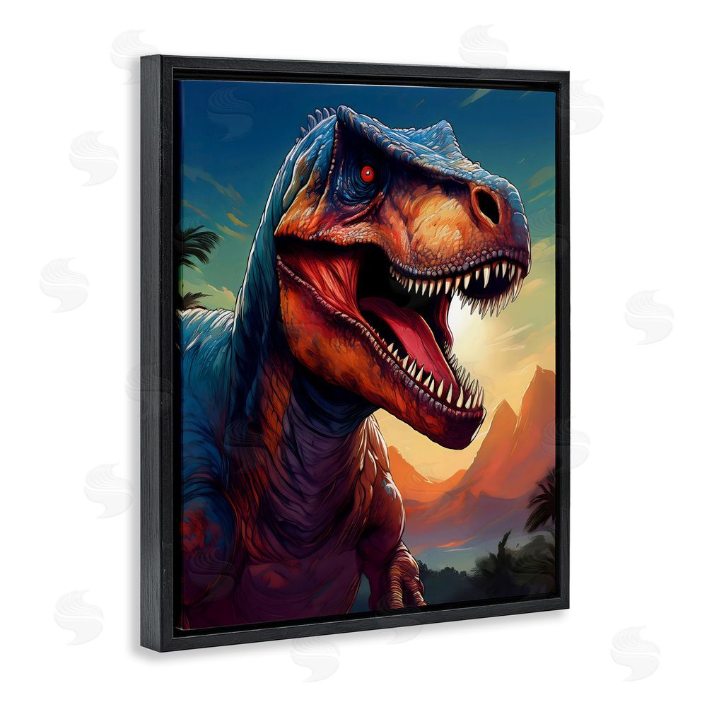 Creative Studio Dinosaur with Sunset Landscape Black Floating Frame Canvas Wall Art Print