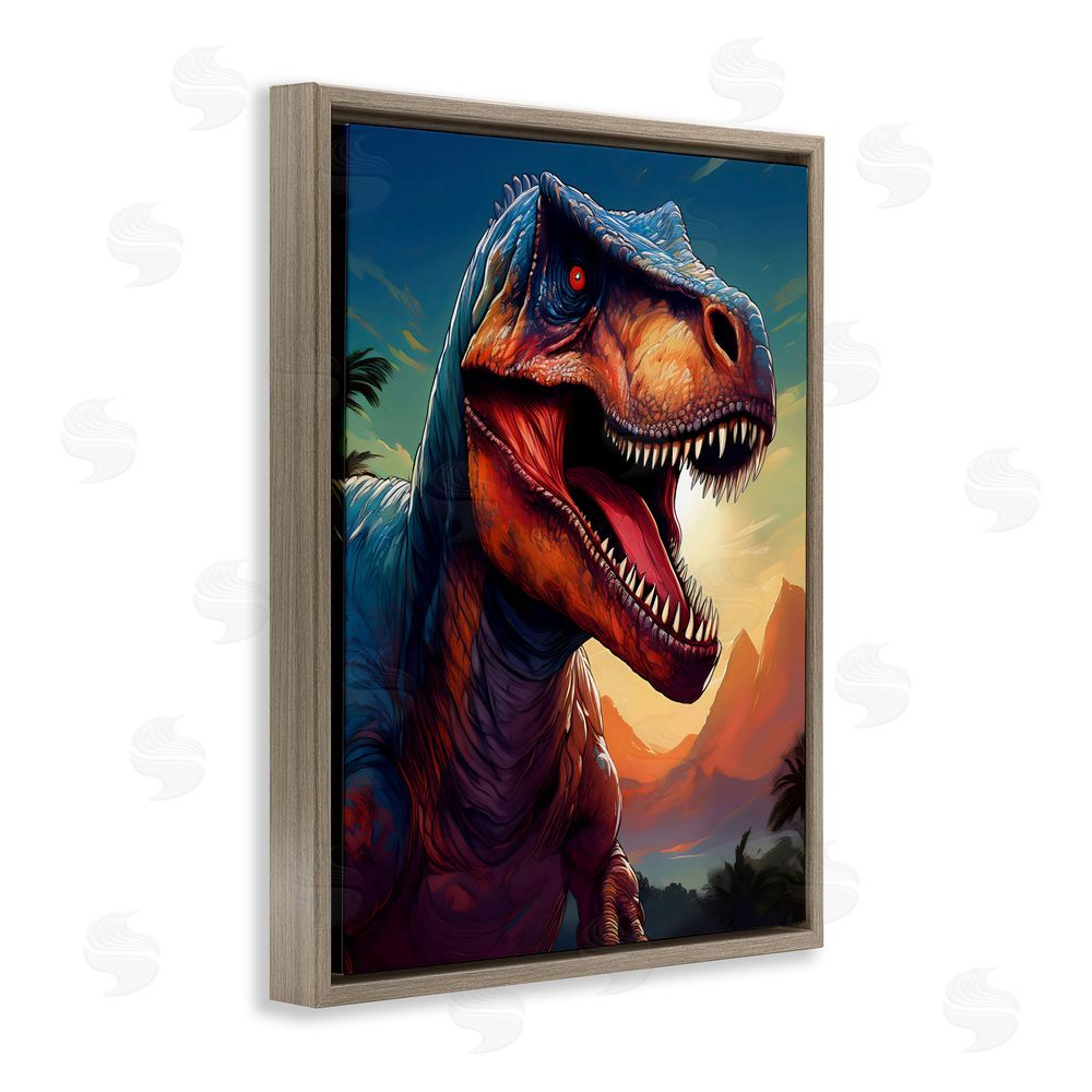 Creative Studio Dinosaur with Sunset Landscape Brown Floating Frame Canvas Wall Art Print