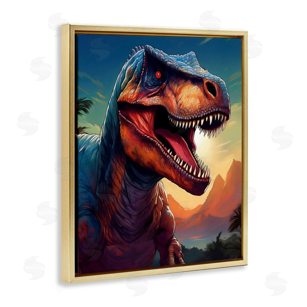 Creative Studio Dinosaur with Sunset Landscape Gold Floating Frame Canvas Wall Art Print