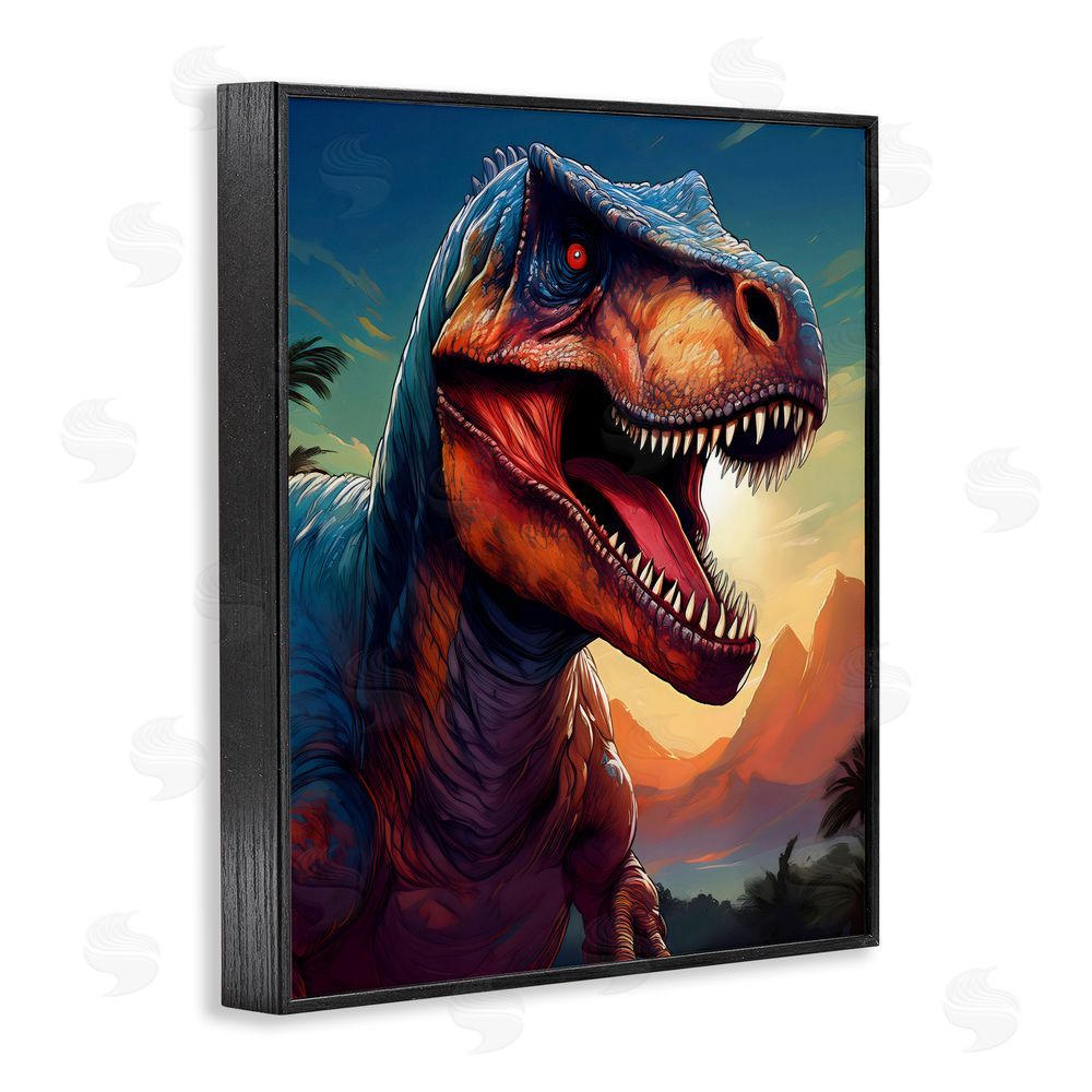 Creative Studio Dinosaur with Sunset Landscape Black Framed Giclee Wall Art Print