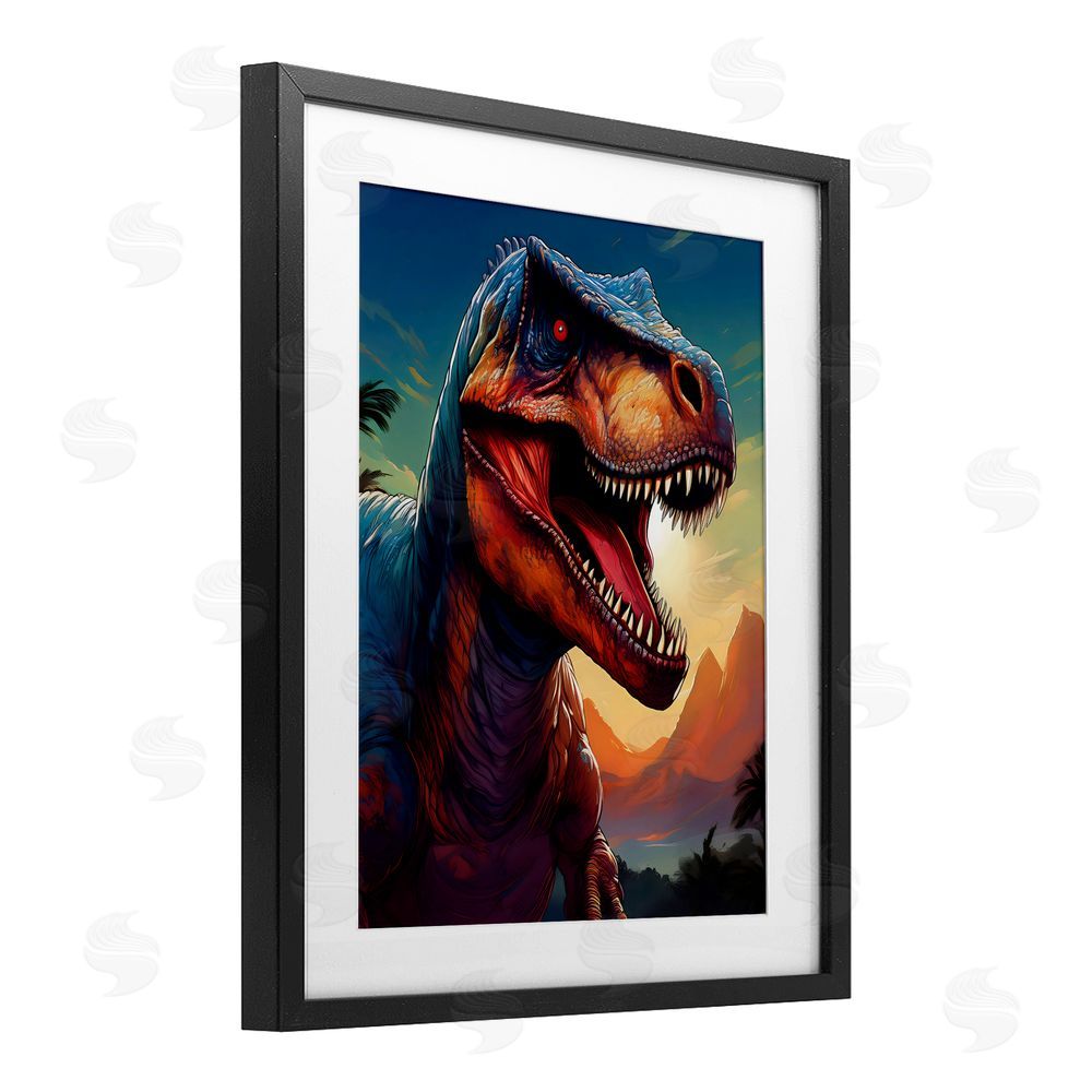 Creative Studio Dinosaur with Sunset Landscape Black Framed Print Under Glass Wall Art