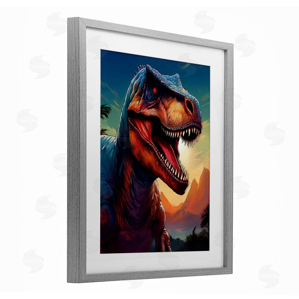 Creative Studio Dinosaur with Sunset Landscape Gray Framed Print Under Glass Wall Art