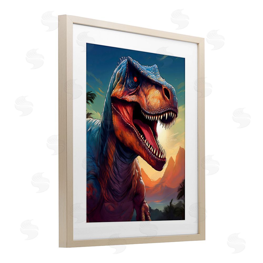 Creative Studio Dinosaur with Sunset Landscape Brown Framed Print Under Glass Wall Art