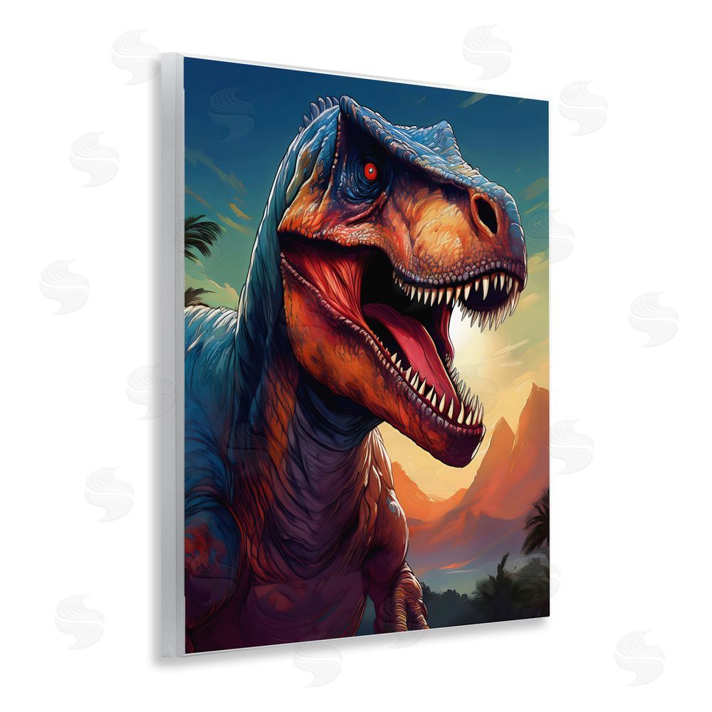 Creative Studio Dinosaur with Sunset Landscape Wall Plaque with Fixed Lithograph Print