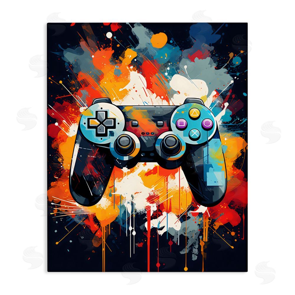Creative Studio Orange Paint Splash Gamer Stretched Canvas Wall Art