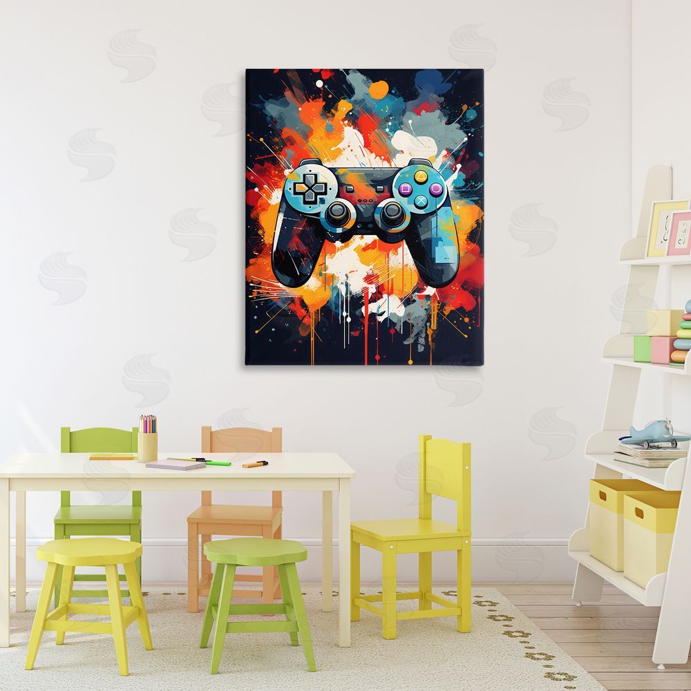 Creative Studio Orange Paint Splash Gamer Stretched Canvas Wall Art in Room