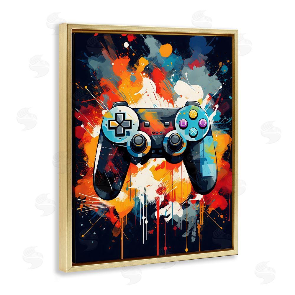 Creative Studio Orange Paint Splash Gamer Gold Floating Framed Canvas Wall Art