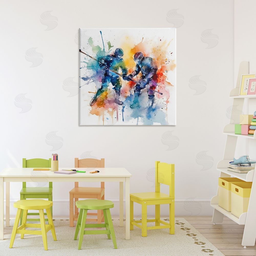 Creative Studio Watercolor Hockey Faceoff Stretched Canvas on Wall
