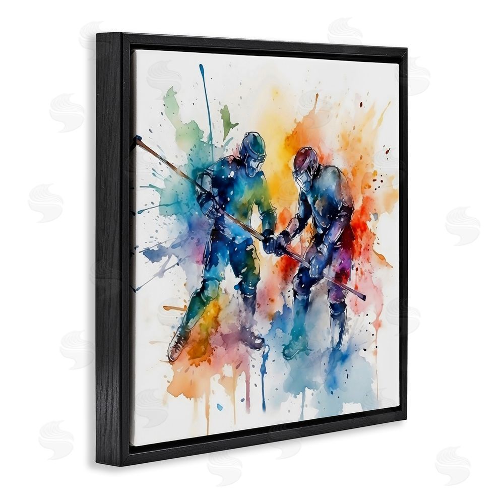 Creative Studio Watercolor Hockey Faceoff Black Floating Framed Canvas Wall Art Print