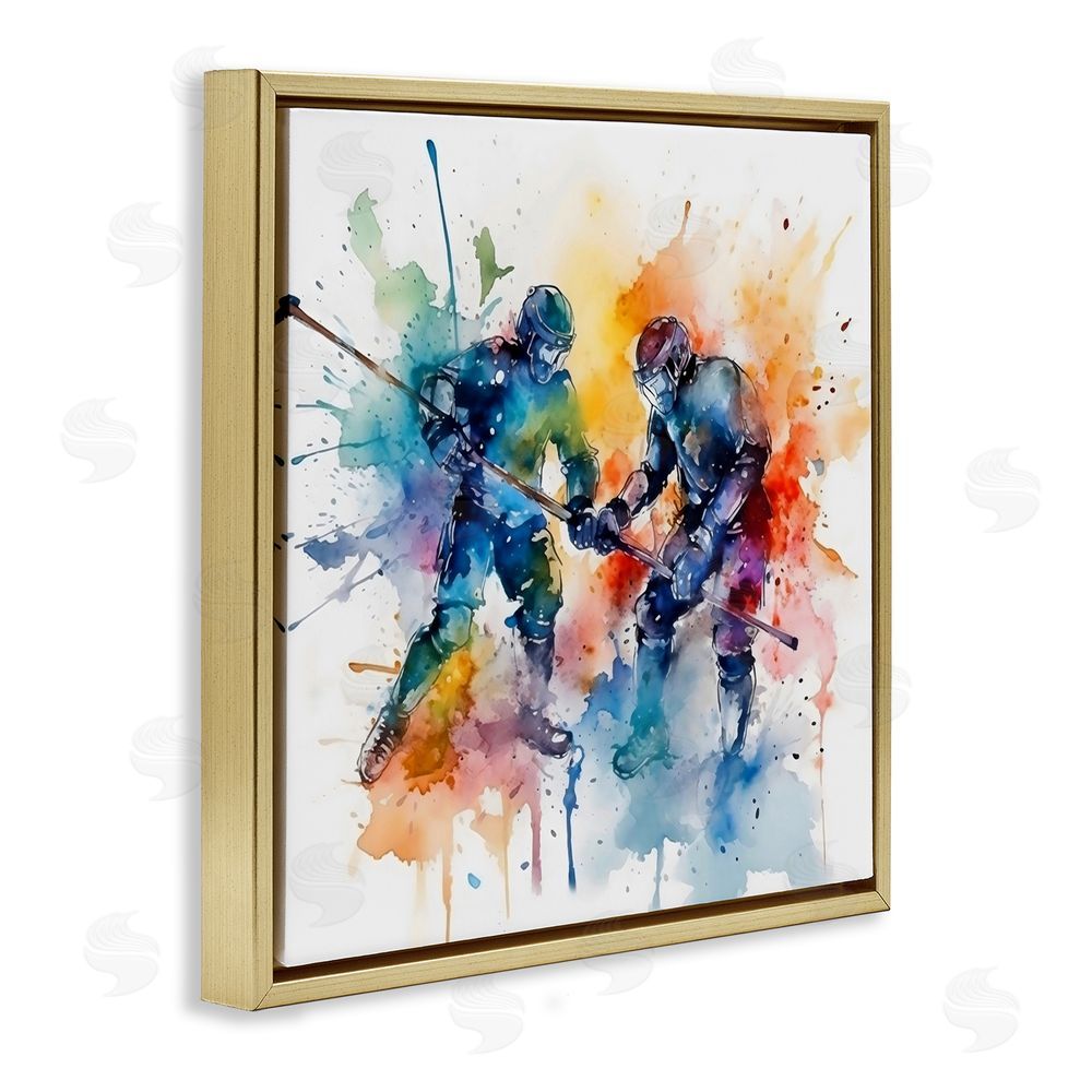 Creative Studio Watercolor Hockey Faceoff Gold Floating Framed Canvas Wall Art Print
