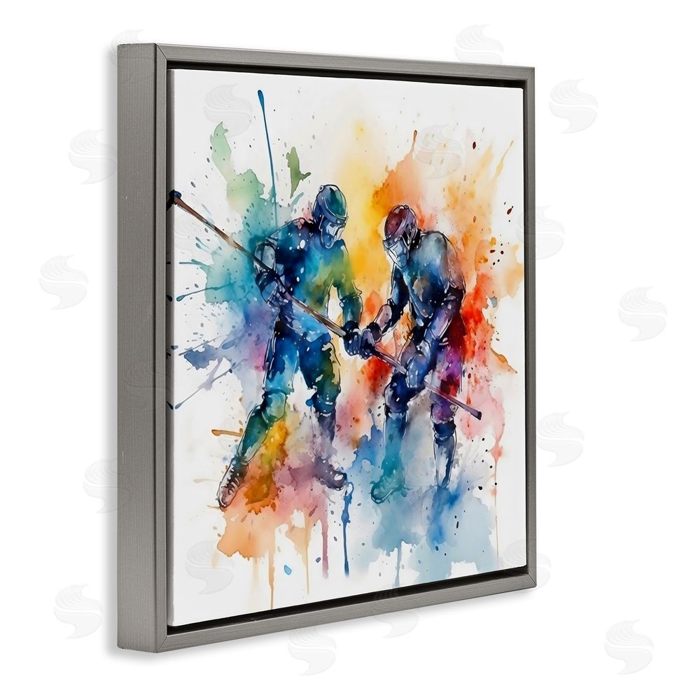 Creative Studio Watercolor Hockey Faceoff Gray Floating Framed Canvas Wall Art Print