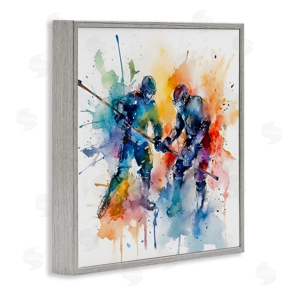 Creative Studio Watercolor Hockey Faceoff Gray Framed Giclee Wall Art Print